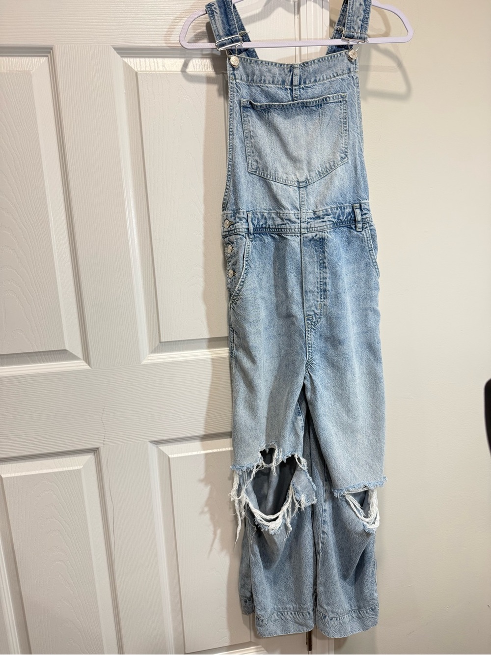 Vintage Y2K Distressed Wide Leg Denim Overalls XS Light Wash Baggy Grunge - Picture 2 of 10